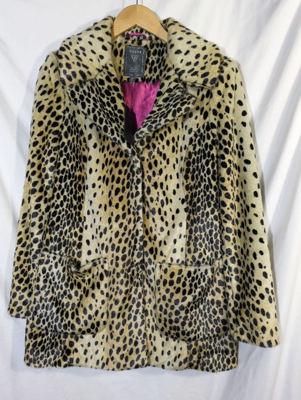 Guess NWT Women's Leopard Faux Fur Coat 90's Retro Chic Animal Print Cozy Sz L